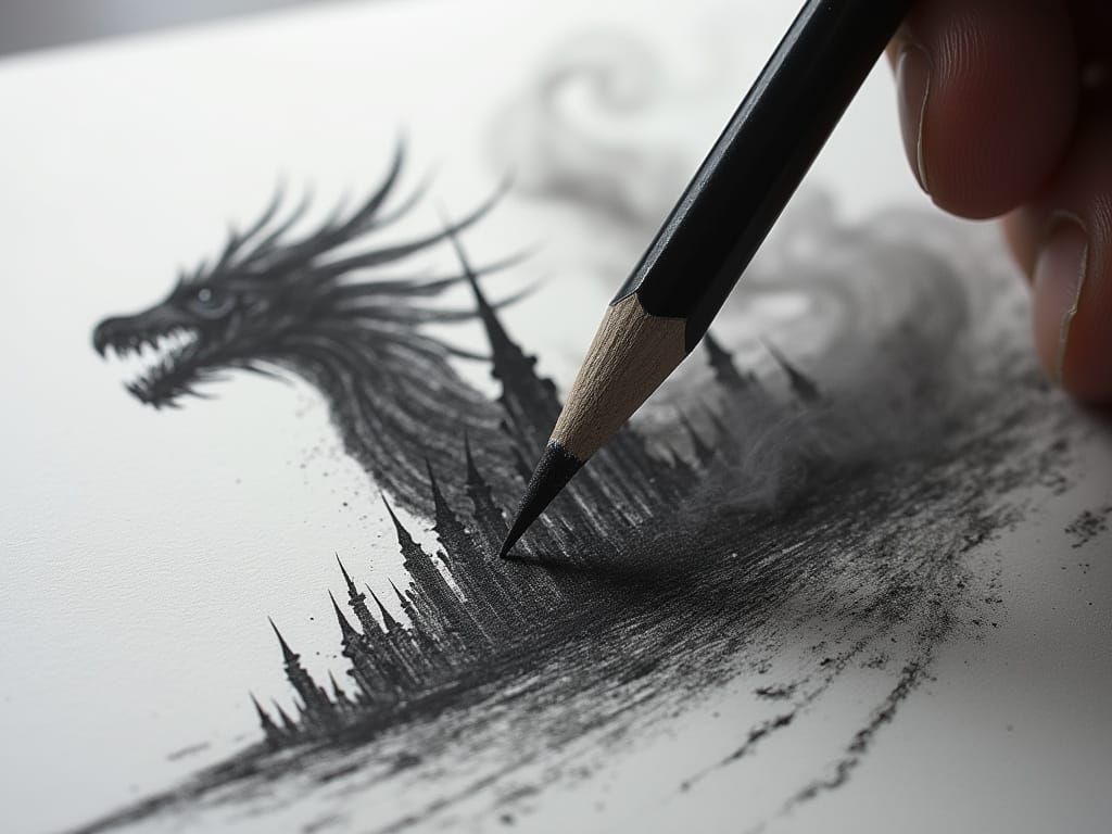 Ultra-macro cinematic realism shot of a charcoal pencil sketching on paper, graphite lines lifting to form a dragon city. Onebuilding remain...