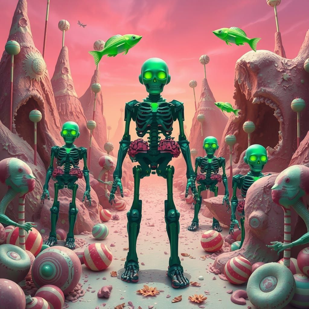 Surreal dreamlike landscape made of  candy and bones uncanny machine Android  human hybrids  cyborg mecha  Dali winged skeleton green fish F...