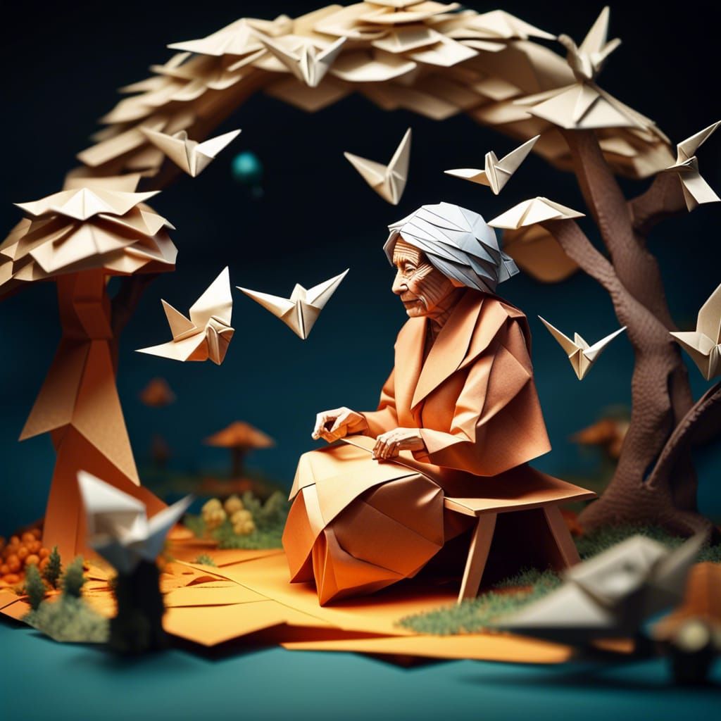 Old Woman Sitting in Front of a huge world all Made Out of Origami. Making another Origami Main Charakter.
8k, ...  by @Userofai