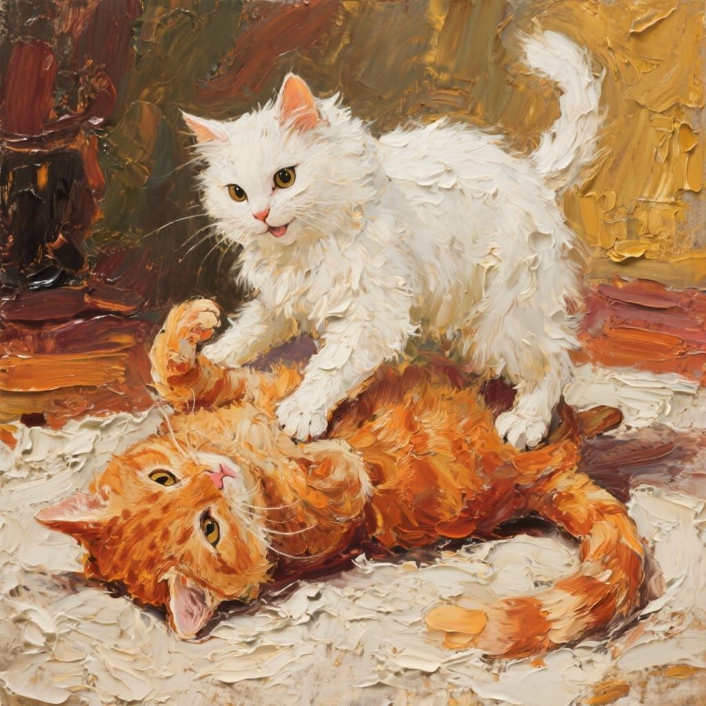 Playful Cats in Impasto Oil Painting Style