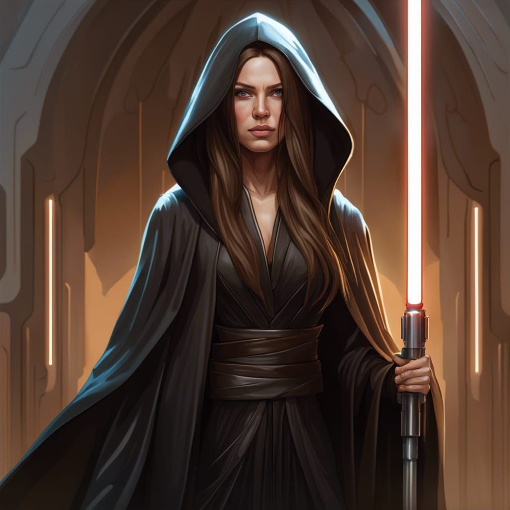 A woman with long brown hair wearing black jedi robes with a hood from ...