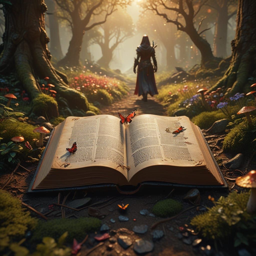 image of a open D&D book of magic on a path with a hooded mage walking into the far off path, enchanted forest with flowers some red and whi...