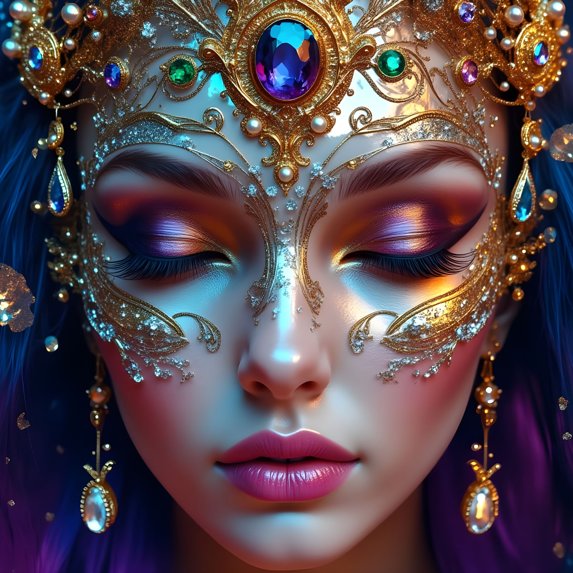 A whimsical beautiful native woman adorned with celestial patterns, gazing into a swirling nebula. The scene is rendered in a vibrant, story...