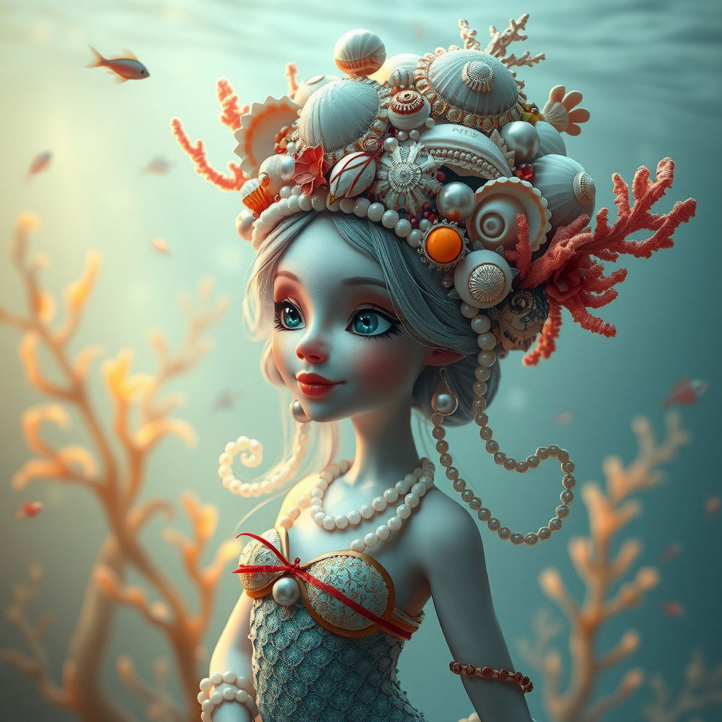 Cute mermaid wearing a hat made of seashells, pearls and corals. Volumetric lighting, maximalism, intrincated ...  by @Jose