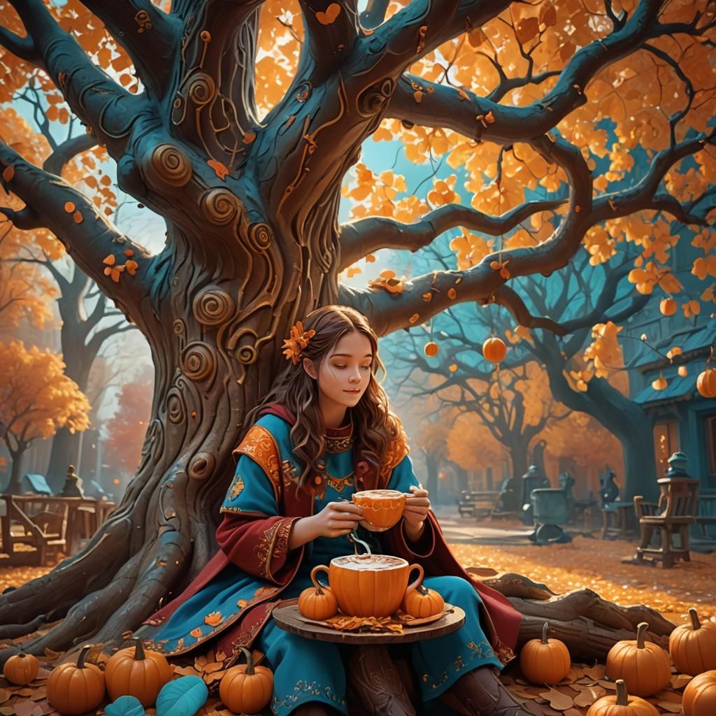 Pumpkin spicy cake , hot chocolate, falling leaves, autumn 