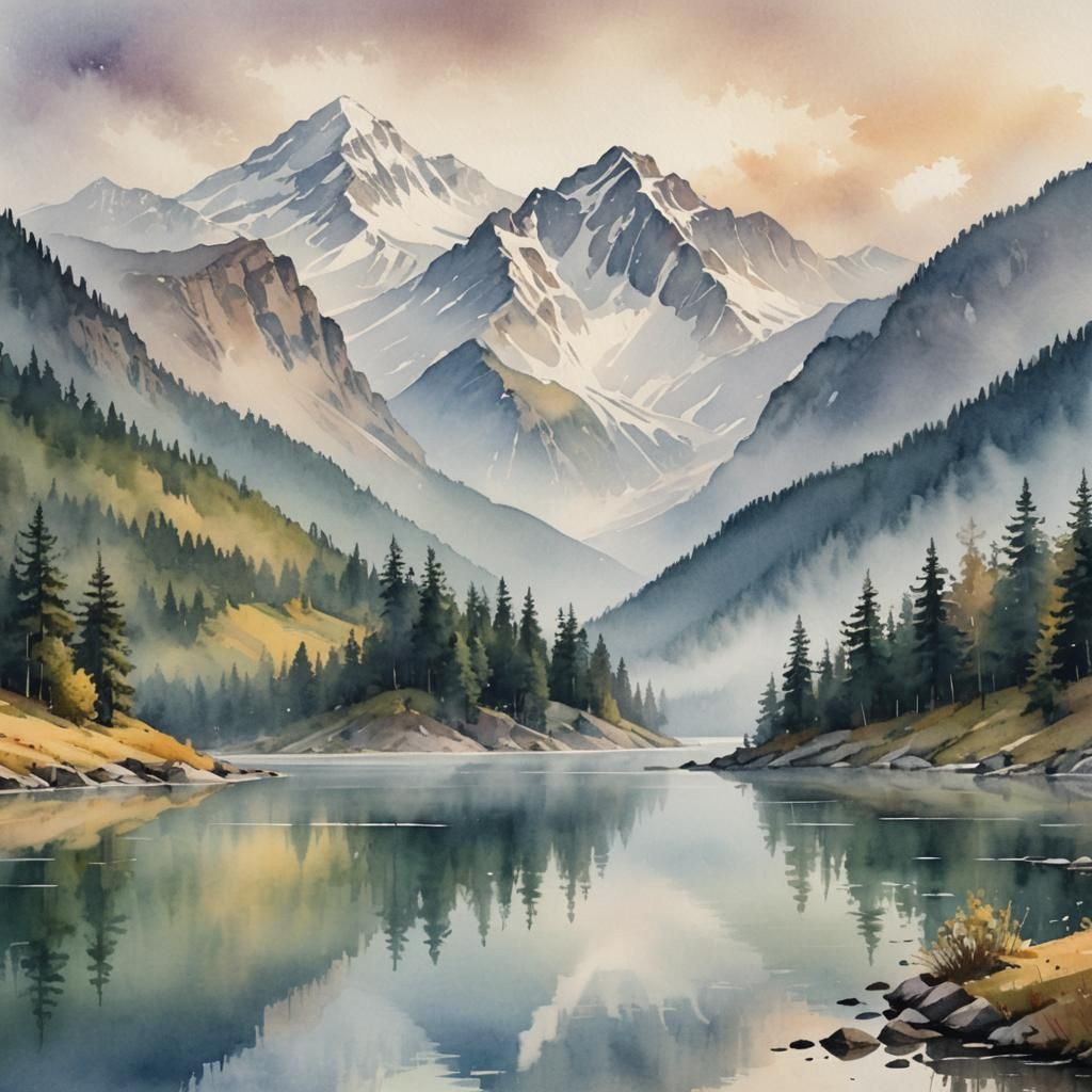 Serene Lake and Snow Mountains in Watercolor Style