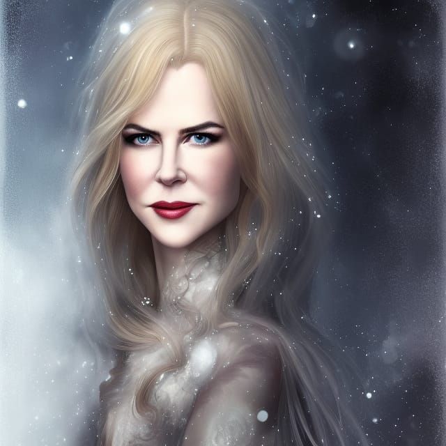 a beautiful cinematic young Nicole Kidman winter goddess, cristal dress ...