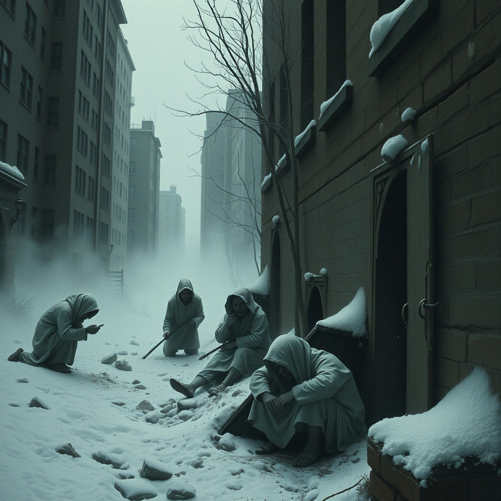 Haunting Figures Dig Shelters in Desolate Landscape