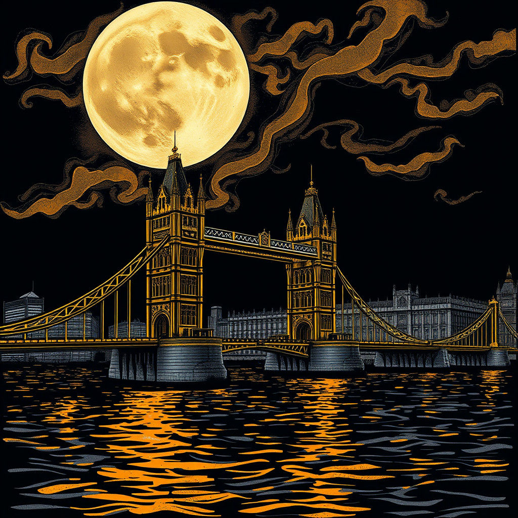 """"London: Thames by Night"
Tower Bridge and Big Ben are depicted in black ink, their details illuminated ...  by @Ycw