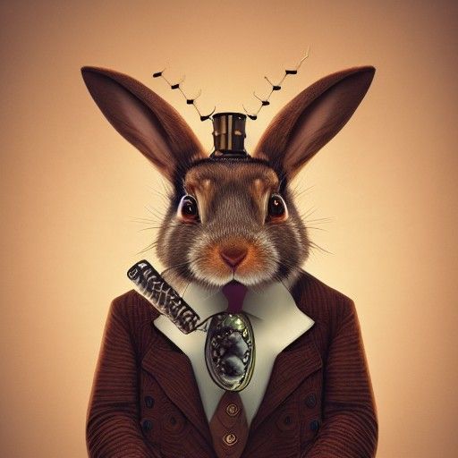 A Portrait Of A Cute Steampunk Rabbit With Suit Eating A Piz...