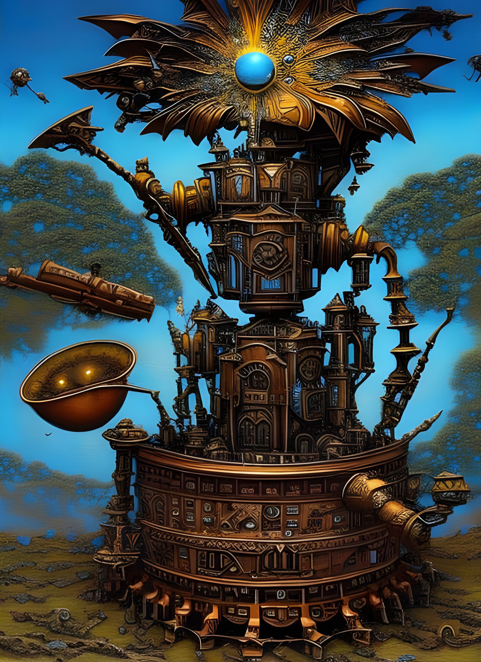 highly detailed bronze steampunk robot exploding with parts ...