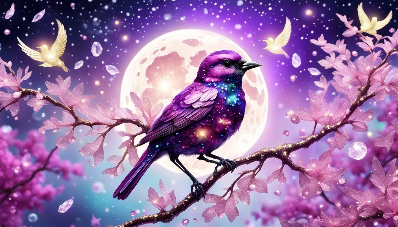 " A picture of a pink crystal bird, covered in glitter and sequins. In a gleaming heavenly sparkling ...  by @undefined