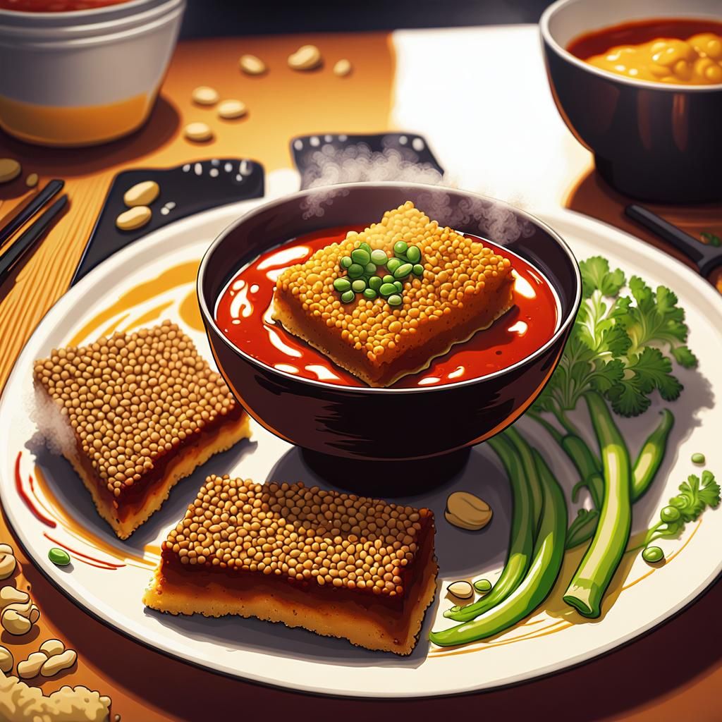 this dish is a beautifully plated and appetizing combination of grilled chicken, noodles, fresh greens, soft-boiled eggs, and a mix of vibra...