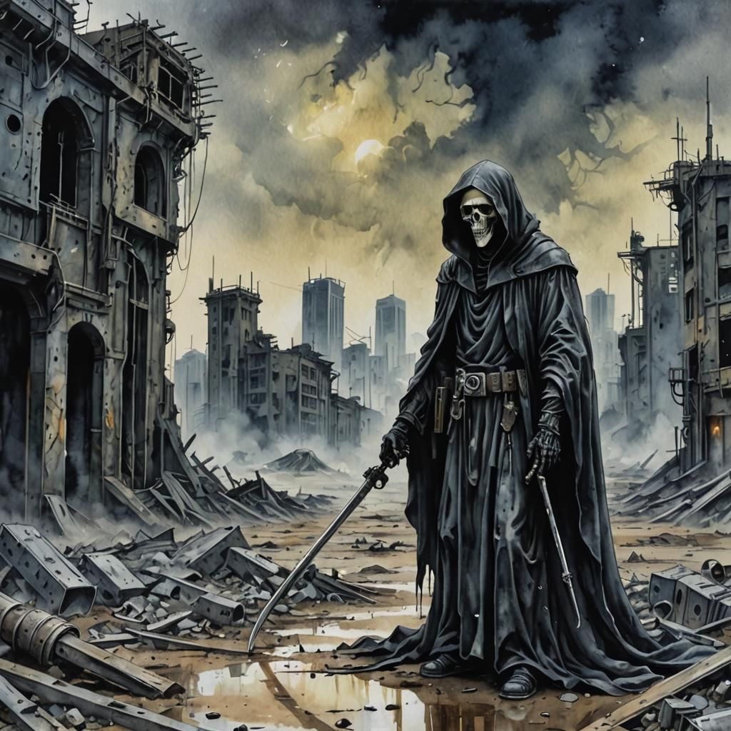 Cyberpunk Grim Reaper in Dystopian Wasteland
