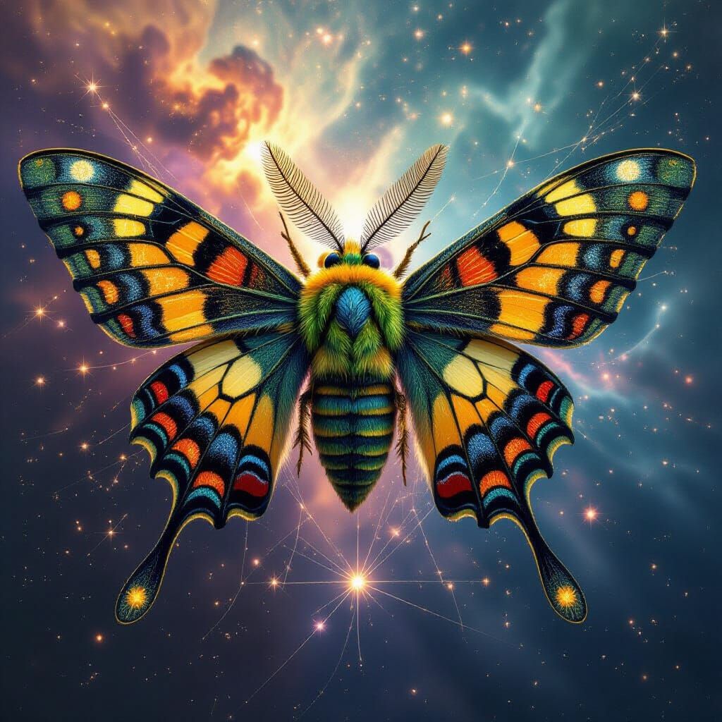 A colossal, hyper-detailed, majestic Celestial Weaver Moth, actively engaged in spinning an intricate cosmic tapestry. The creature is viewe...