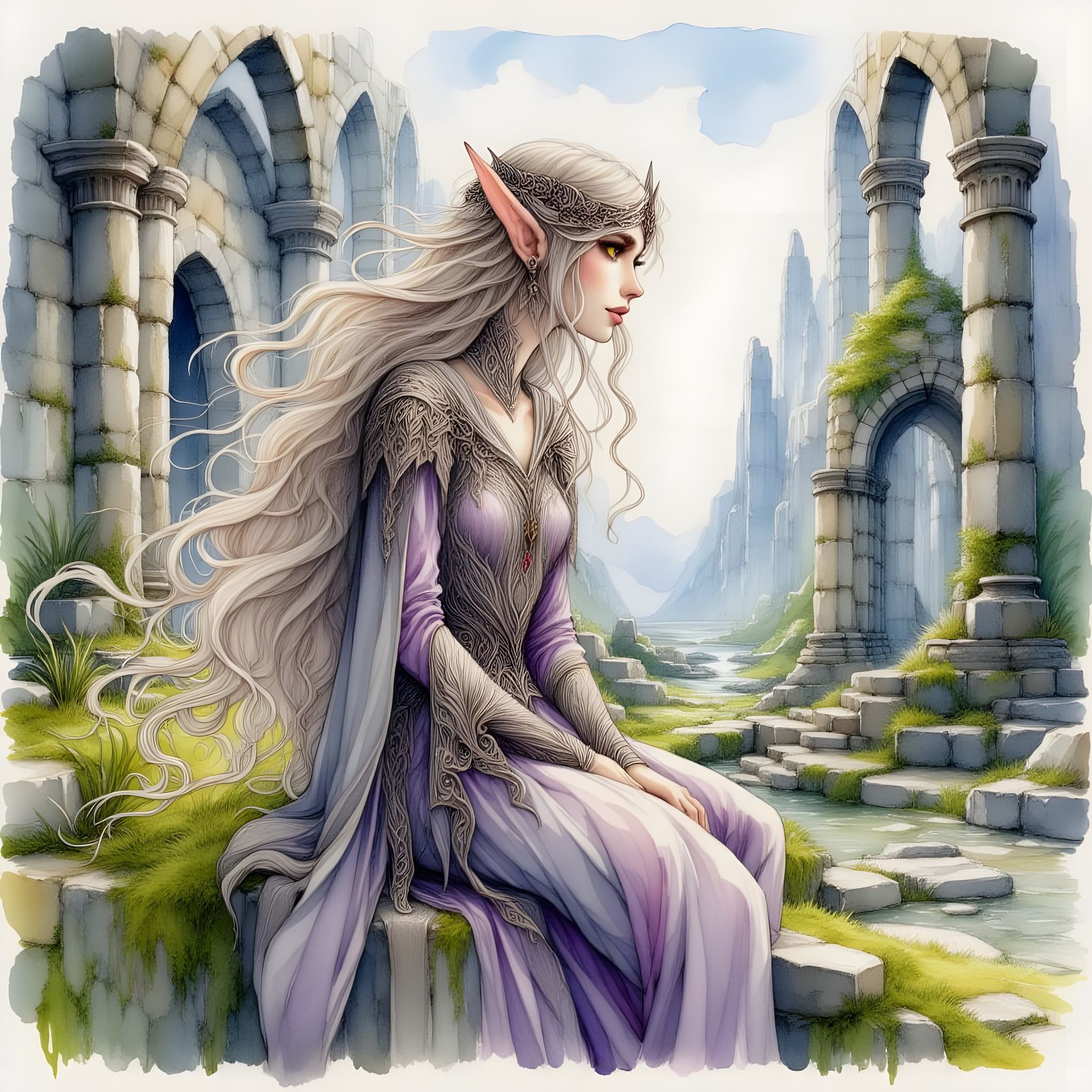 <lora:ElvenRuins:1.0> watercolor and ink painting of a female elf, elven ruins backdrop, nature