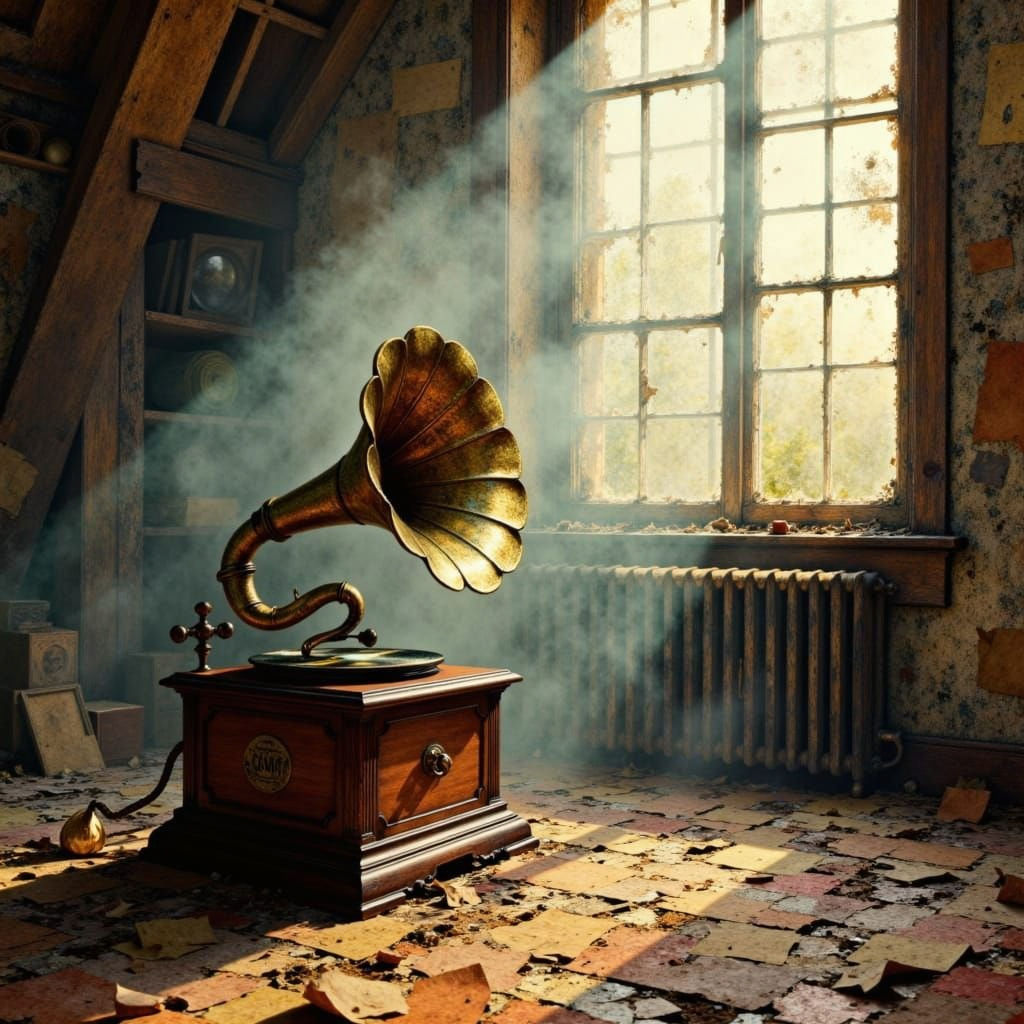 <lora:Wonderfulart:1.0> A lone gramophone sits on a dusty attic floor, its horn emitting faint, ethereal melodies that seem to warp the very...