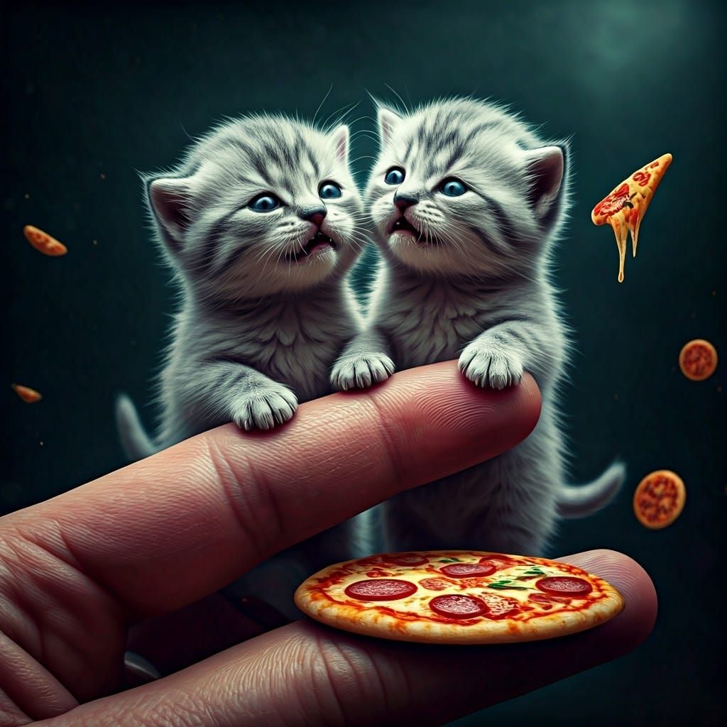 Twin Kittens Begging on Finger Surrounded by Tiny Pizzas