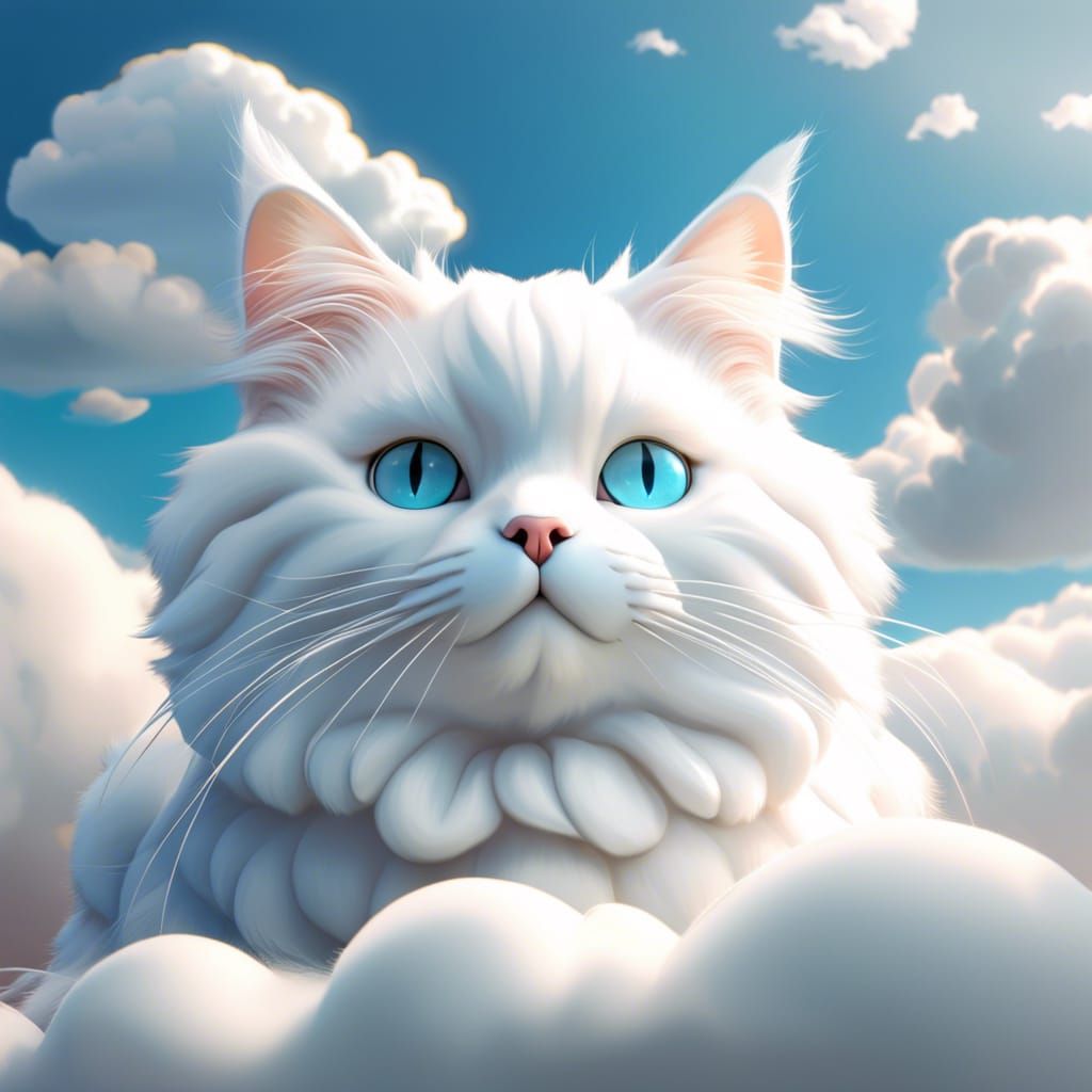 White puffy cat made of puffy clouds, a cat made of whit clo...