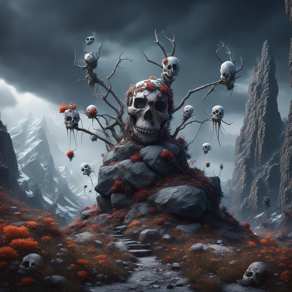 a snowman in a storm rocks mountains skulls bugs spiders and...