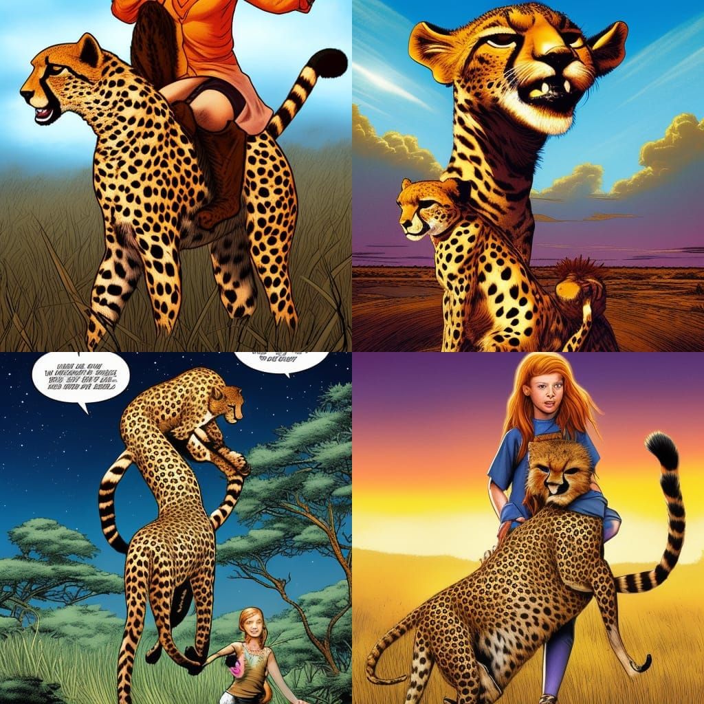 An eleven-year-old girl ,with ginger hair, riding a cheetah ...