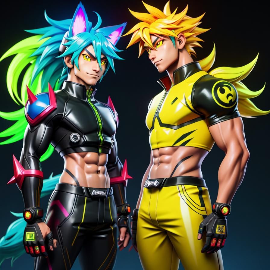 nekoboy with long fluorescent yellow hair, colorful locks, w...