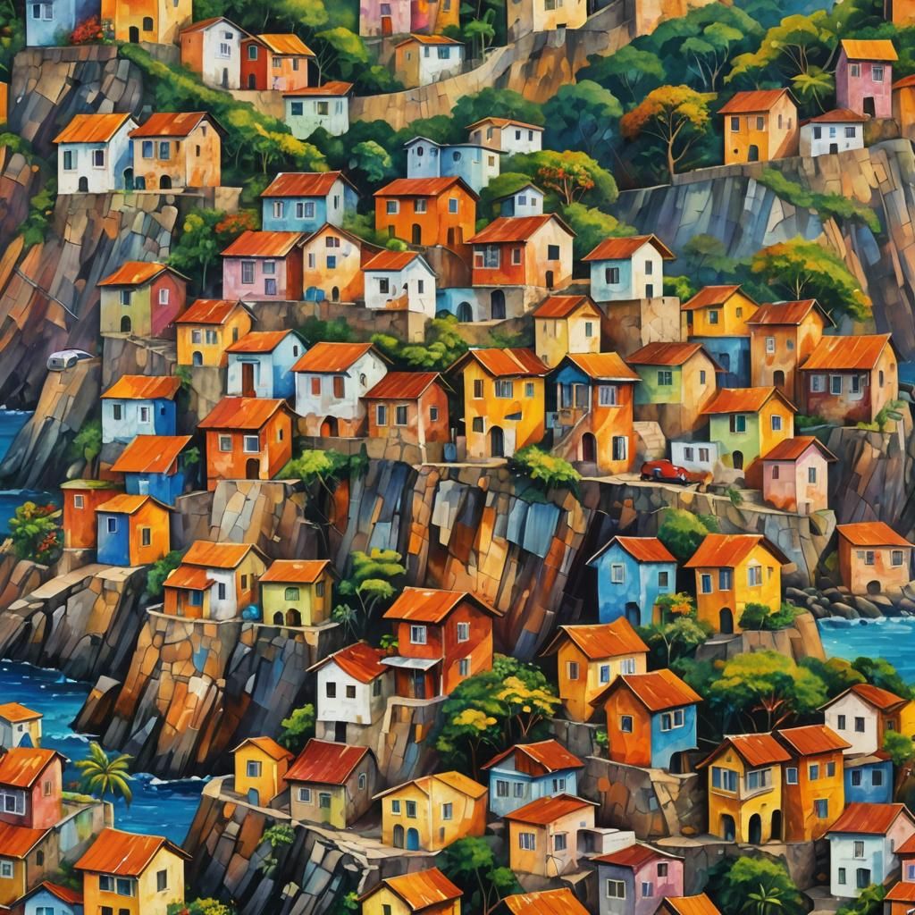 patchwork of tiny colorful houses on a steep Brazilian favel...