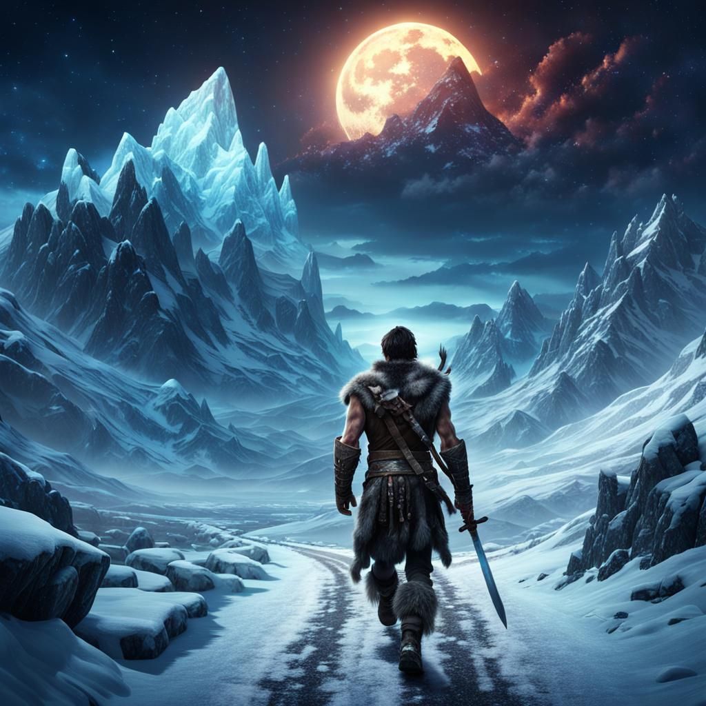 "Young barbarian boy walking on icy mountain road alone. Mag...
