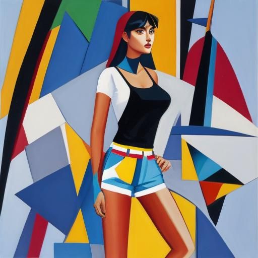 cubist painting of woman in long shorts, ultra clear
