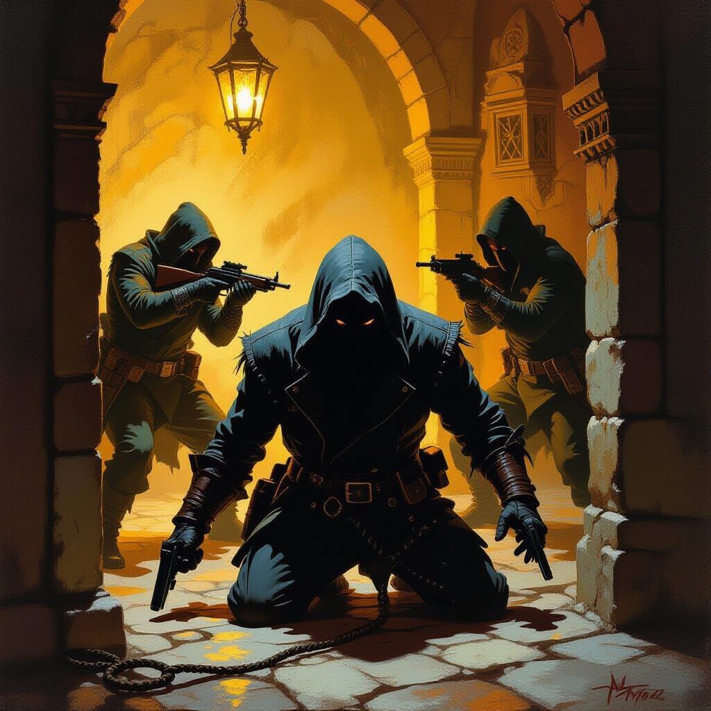 Mystical Robbery Scene in James Gurney Oil Painting Style