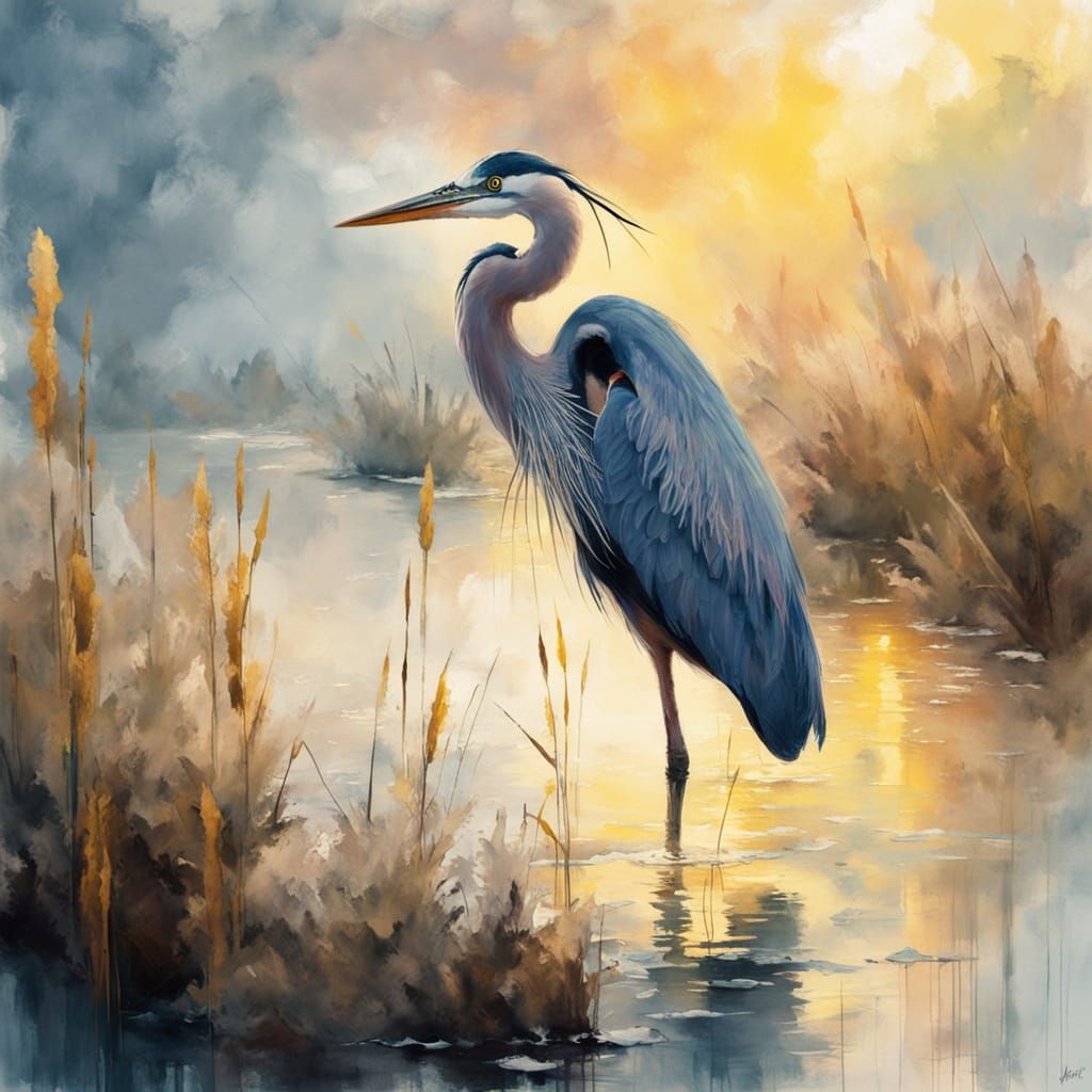 Dreamy Blue Heron in Vibrant Foggy Morning
