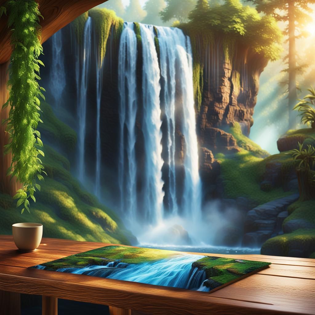 Majestic Waterfall Cascades Over Table: Fantasy Art