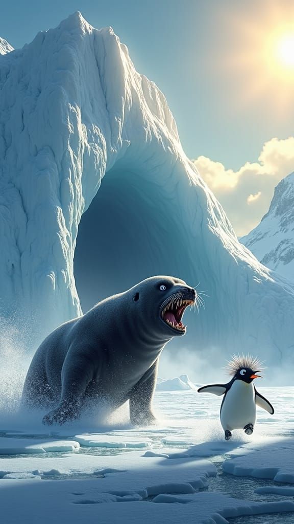 A Disney - Pixar cartoon image of Antarctica, with a huge and stunning jagged glacier at the bottom of a beautiful frozen lake, a magnificen...