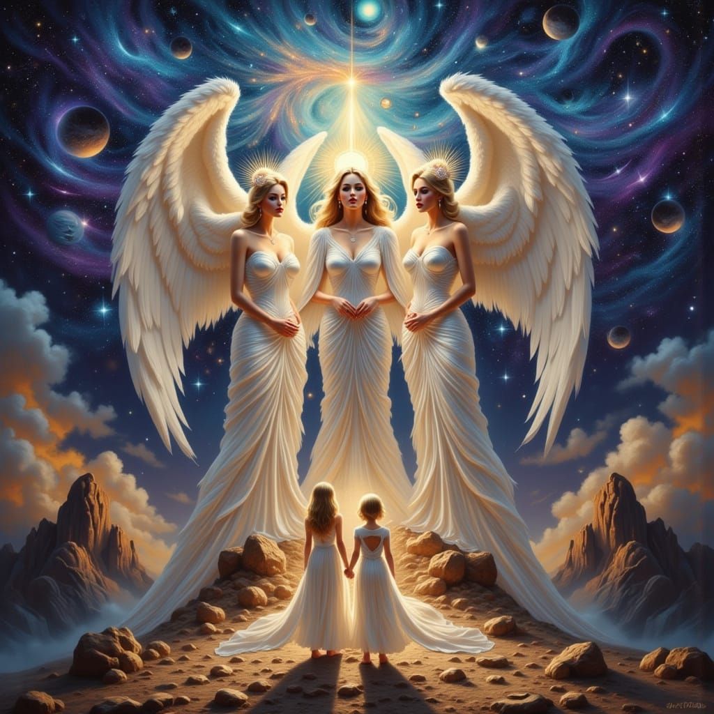 Celestial Beings Guard Cosmic Lighthouse in Digital Painting