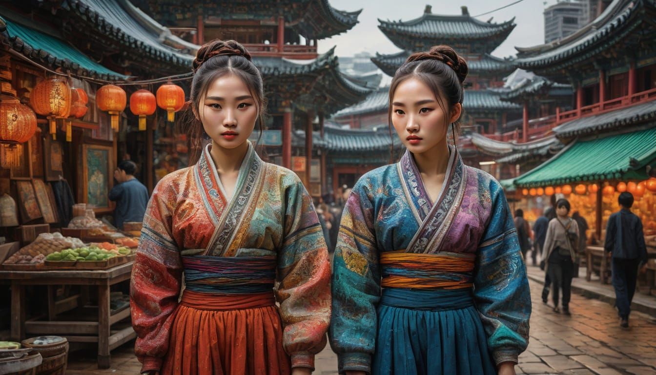 Neo-Impressionist Beauty in Vibrant Korean Market Scene