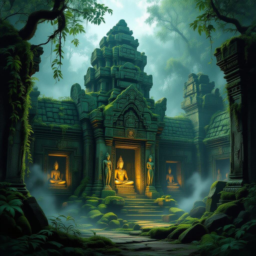 Ancient temple submerged in deep emerald forest.
Overgrown vines wrap stone columns and statues.
Fog drifts low, revealing forgotten golden ...