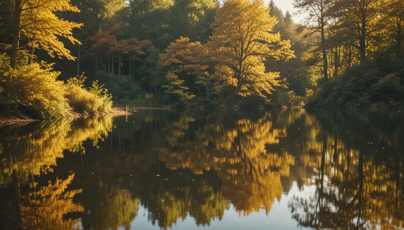 Calm autumn forest by a lake, golden light filtering through trees