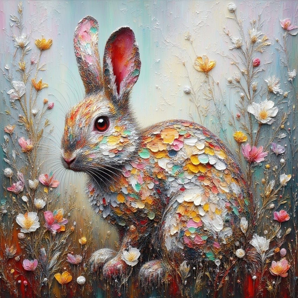 <lora:Impax v2:1.0>a oil impasto rabbit in the field of flowers , textured strokes