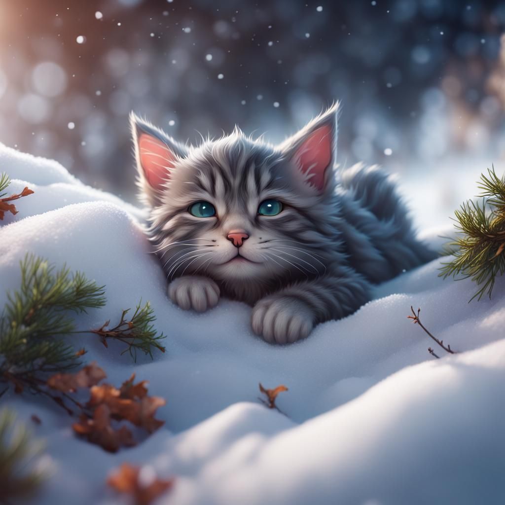 A cute kitten slept on snows
