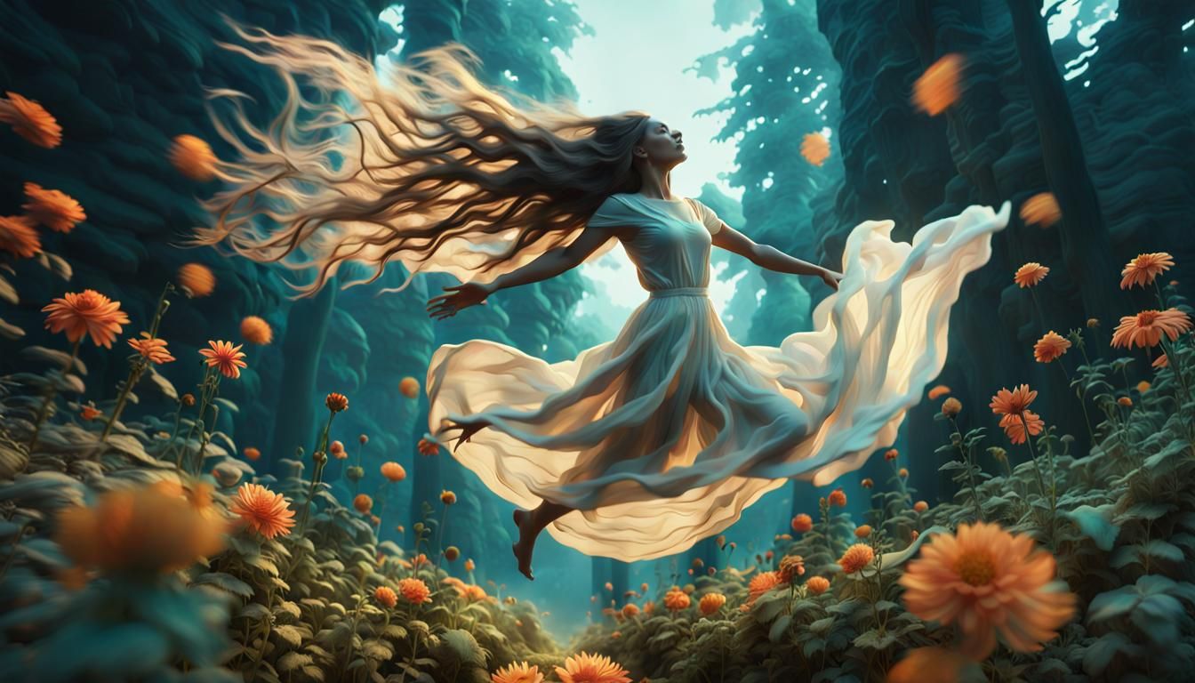 A breathtaking 8k Octane render of a woman with long, flowin...