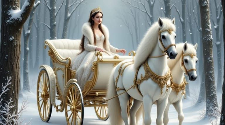 Enchanting Winter Scene with Golden Carriage and White Horse...