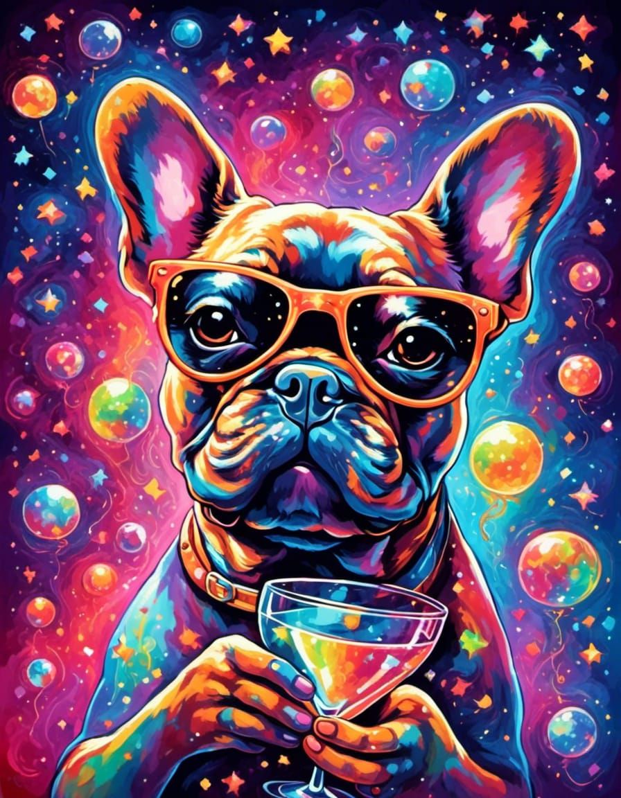 Frenchie having martini <lora:Psychedelic:1.0> Cosmic Illumination  