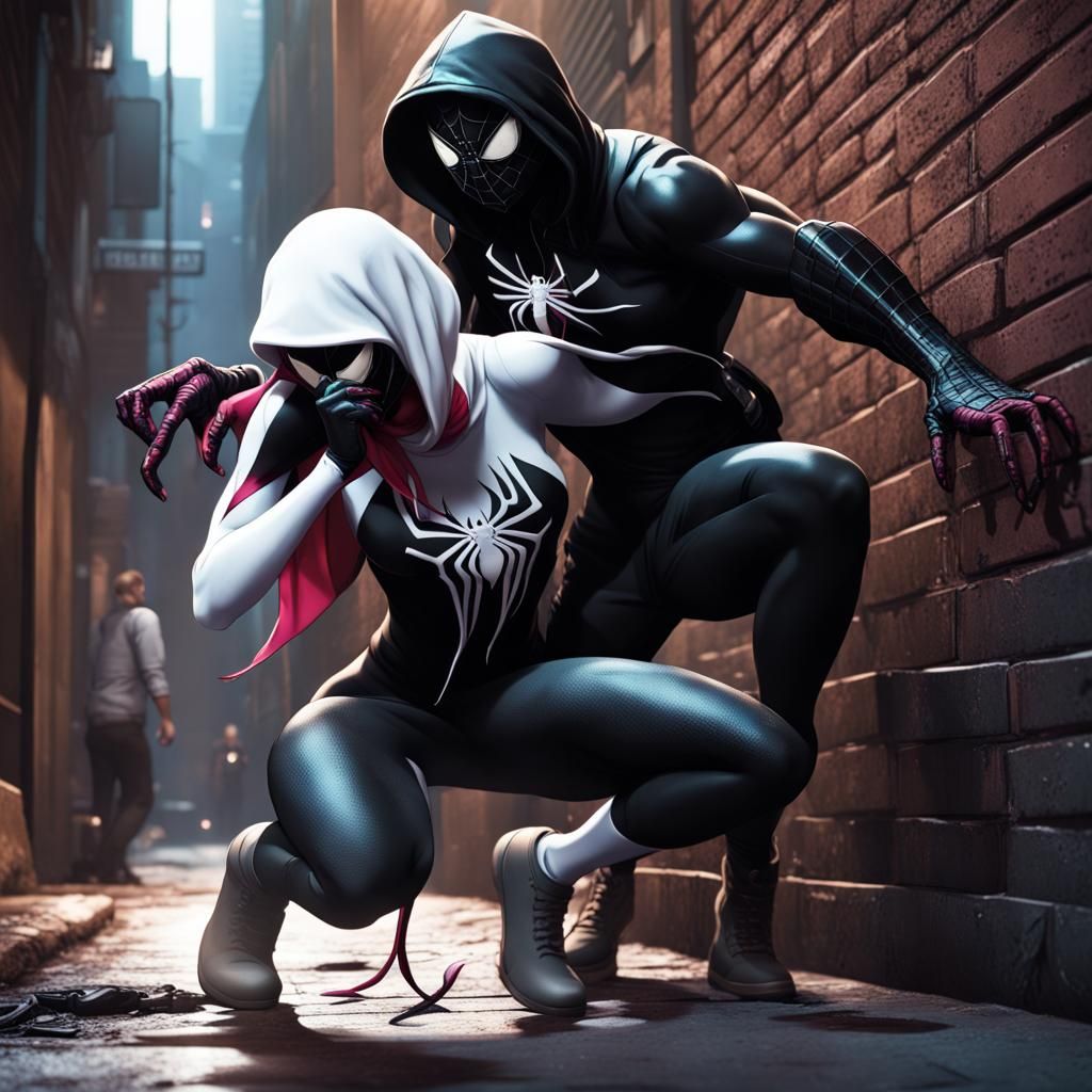 Spider-Gwen Venom Symbiote, with hood and mask, pinning down a male  criminal in an alley - AI Generated Artwork - NightCafe Creator