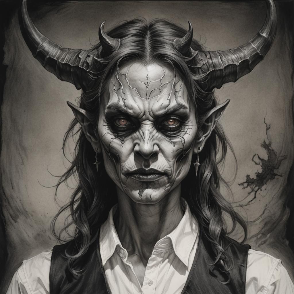 portrait of female demon with small horns, wearing a white s...
