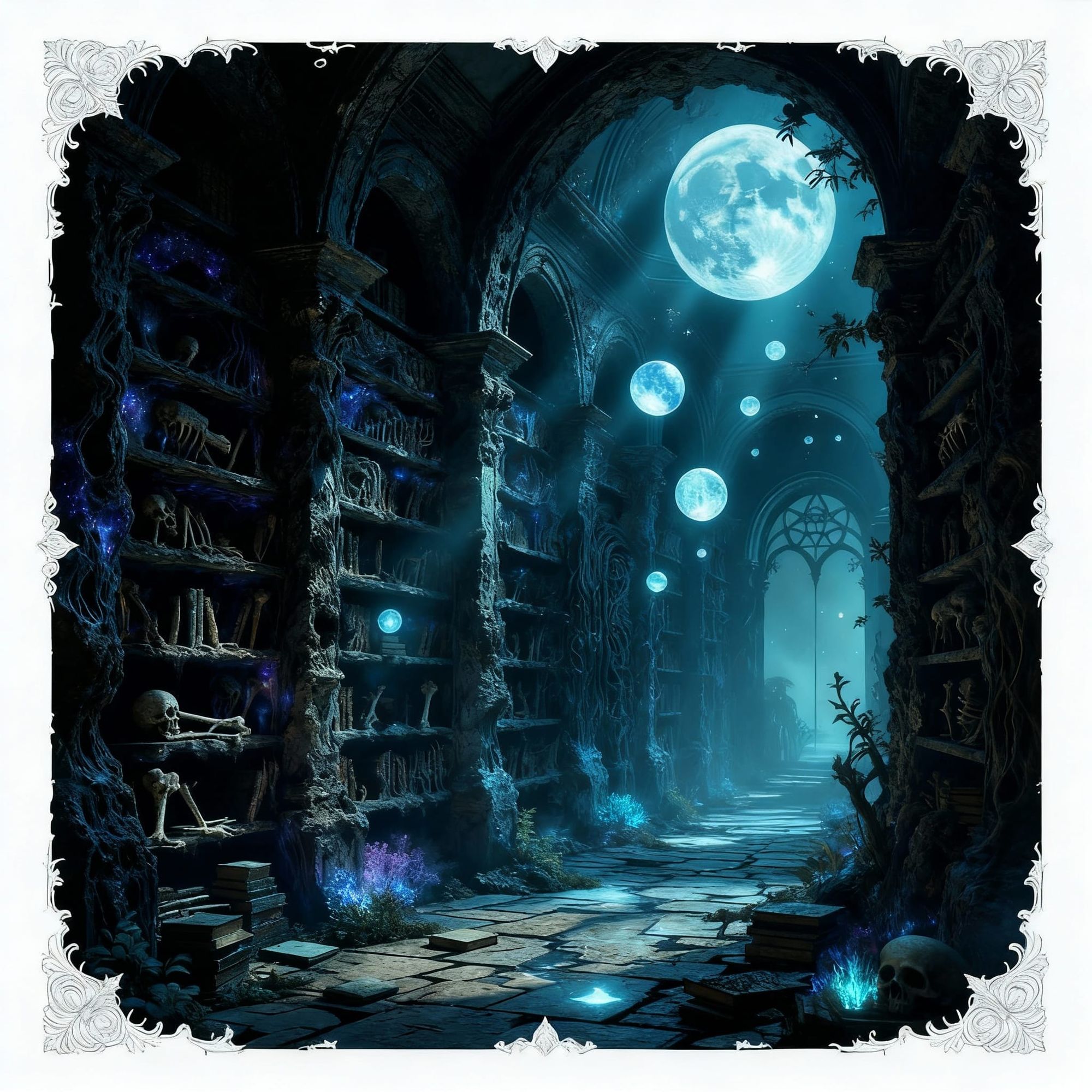 An African forgotten library where books,slates and bones are made of solidified moonlight and shelves are carved from petrified nebulae. St...