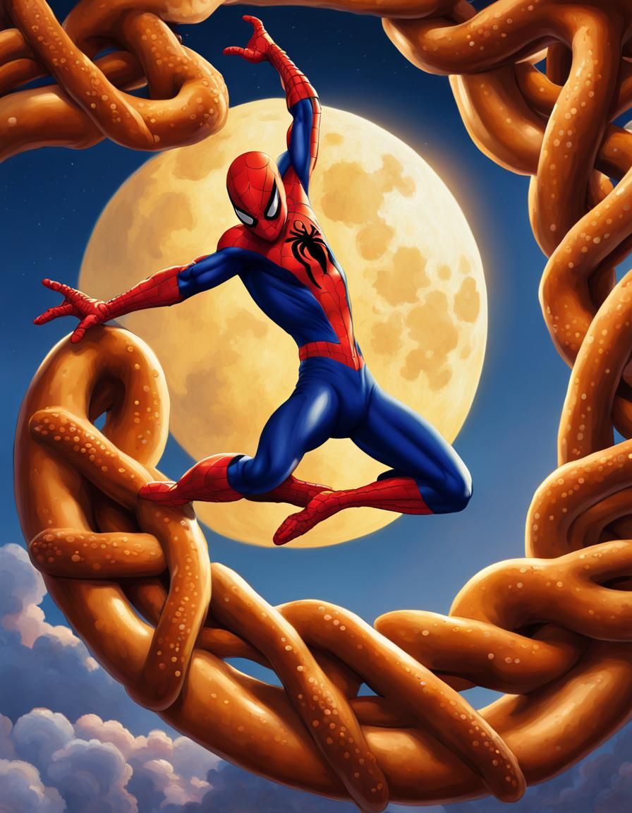 "Spiderman, riding_a_giant_Pretzel, flying_to_the_moon, on_a...