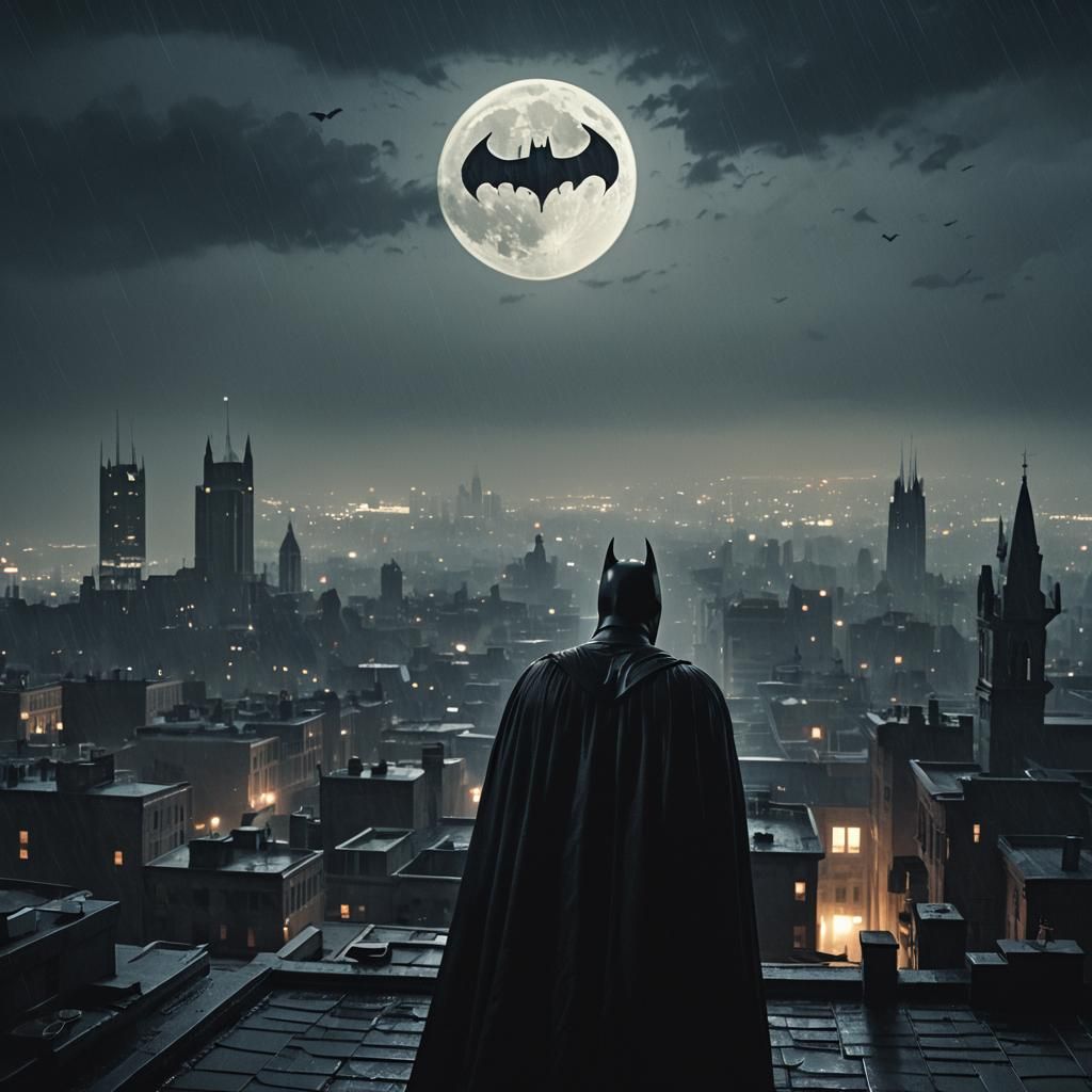 Batman on Gothic Rooftop in Film Noir Style