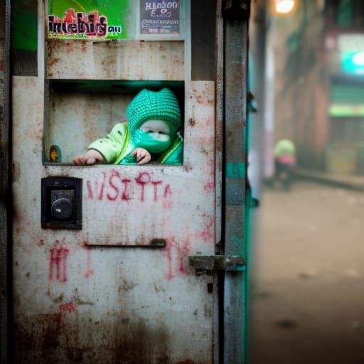 vending machine selling baby in a dirty back alley . green h...