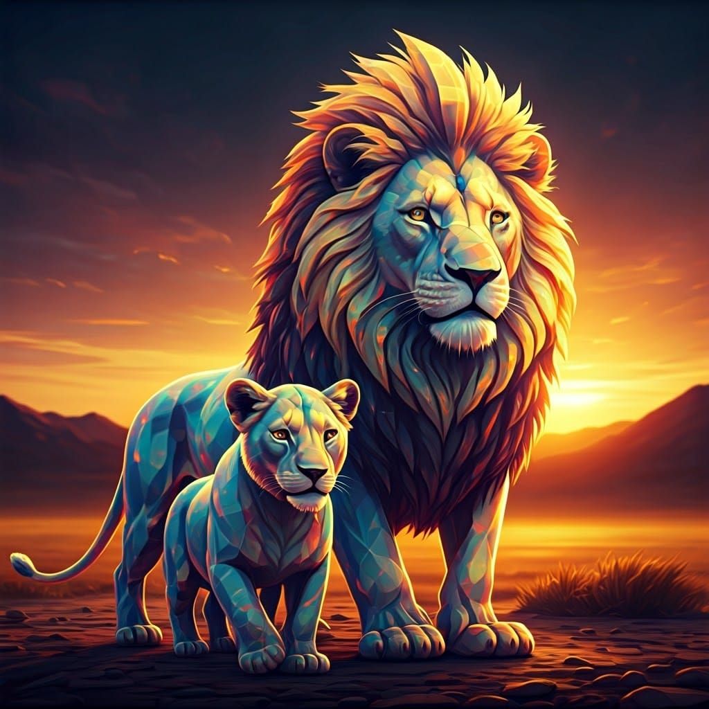 Opalescent Lion and Lioness in Sunlit Savannah