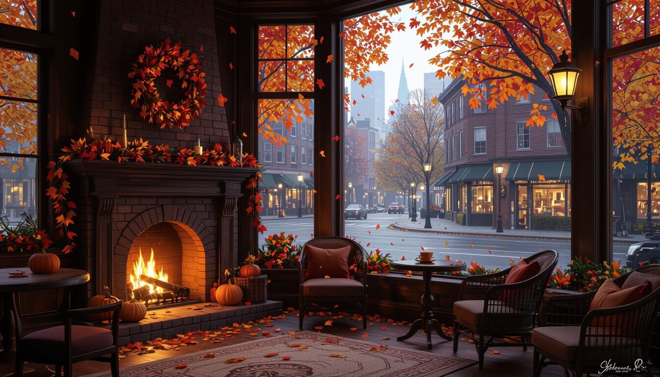 Cute cozy coffeeshop decorated for Fall with a lit fireplace.  Huge picture window looks out on a city street decorated for Fall.  Brightly ...